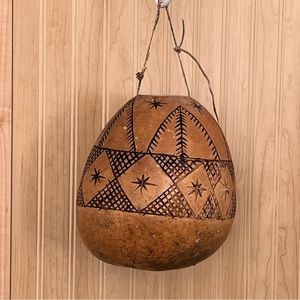 Vintage Scrimshaw Style Etched Carved Tribal Native Design Dried Natural Gourd